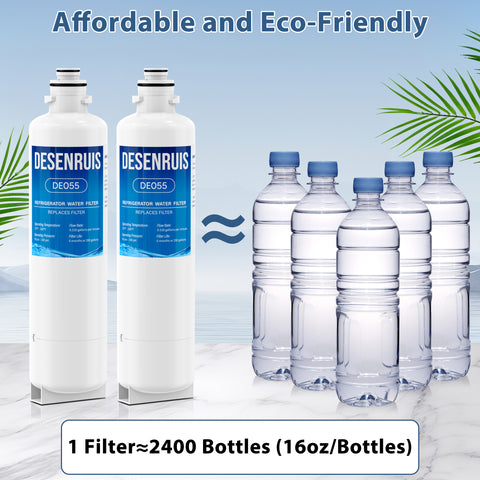 DESENRUIS 11032531 Replacement Filter (DE055) is affordable and eco-friendly: 1 filter replaces ~2400 16oz water bottles (200-gallon capacity, 6-month lifespan), cutting single-use plastic waste while delivering reliable purification for your fridge’s water and ice.