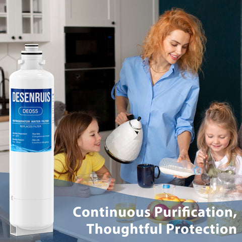 DESENRUIS 11032531 Replacement Filter (DE055) provides continuous purification and thoughtful protection: with 0.52gpm flow, 6-month/200-gallon lifespan, and compatibility with multiple fridge models, it delivers fresh, pure water (and ice) to support your family’s daily routines.