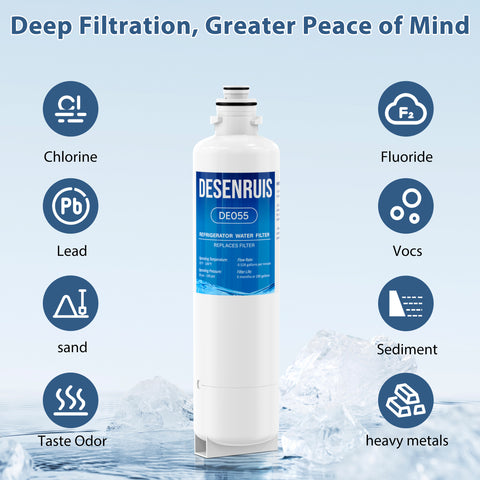 DESENRUIS 11032531 Replacement Filter (DE055) delivers deep filtration for greater peace of mind: it removes chlorine, lead, sand, taste/odor, fluoride, VOCs, sediment and heavy metals, with a 6-month/200-gallon lifespan and 0.52gpm flow to provide fresh, pure water (and ice) via your refrigerator system.