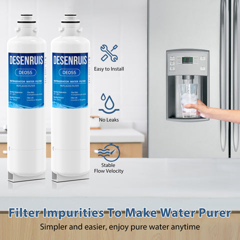 DESENRUIS 11032531 Replacement Filter (DE055) filters impurities to make water purer: it’s easy to install (no leaks), delivers stable flow velocity, and offers 6-month/200-gallon capacity—keeping your fridge’s water and ice fresh, so you can enjoy pure water anytime with simple, reliable performance.