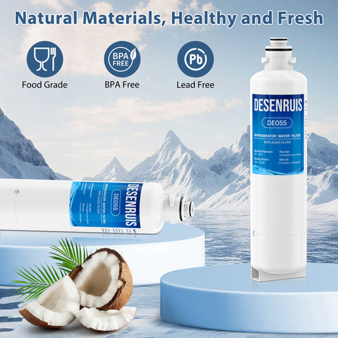 DESENRUIS 11032531 Replacement Filter (DE055) uses natural, food-grade materials (BPA-free, lead-free) paired with coconut shell carbon: it delivers healthy, fresh purified water (and ice) via your refrigerator system, with a 6-month/200-gallon lifespan and 0.52gpm flow for daily reliability.