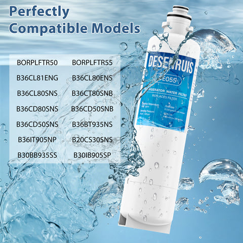 DESENRUIS 11032531 Replacement Filter (DE055) is perfectly compatible with a wide range of models—including BORPLFTR50/55, B36CL81ENG, B36CL80ENS/SNS, B36CT80SNB and more—fitting seamlessly into your refrigerator system while delivering 0.52gpm flow, 200-gallon capacity, and reliable purification.