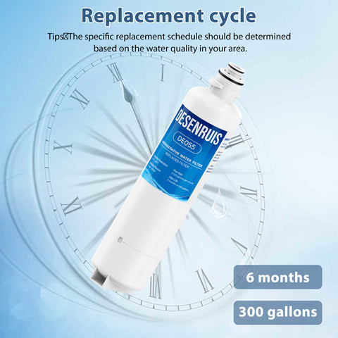 DESENRUIS 11032531 Replacement Filter (DE055) has a flexible replacement cycle: designed for 6 months or 300 gallons (adjust based on local water quality), it delivers consistent purification for your fridge’s water and ice while keeping maintenance simple and reliable.