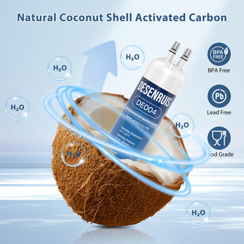 DESENRUIS 4396841 Water Filter (DE004) uses natural coconut shell activated carbon: it’s BPA-free, lead-free, food-grade, works at 33-100°F/30-100psi, with 0.66gpm flow—delivering clean, safe water for your fridge.