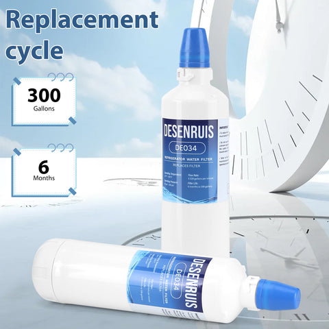 DESENRUIS 7012333 Ice Maker Water Filter (DE034) has a 300-gallon/6-month replacement cycle: it works at 33-100°F/30-100psi (0.66gpm flow), delivering clean water for your ice maker and fridge with consistent performance.