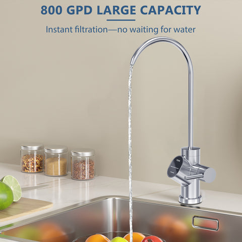 DESENRUIS 800 GPD RO Water Filter System boasts 800 GPD large capacity: it delivers instant filtration with no waiting for water, pairing a steady, abundant flow with a TDS-monitoring faucet—perfect for quick, pure water access while prepping meals or hydrating.