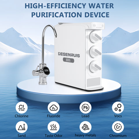DESENRUIS 800 GPD RO Water Filter System is a high-efficiency purification device: it removes chlorine, fluoride, lead, VOCs, sand, odor, heavy metals and chromium, paired with a TDS-displaying faucet (showing 005 here) to deliver reliably pure water for daily use.