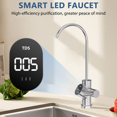 DESENRUIS 800 GPD RO Water Filter System comes with a smart LED faucet: it displays real-time TDS levels (like 005 here) for clear insight into water purity, pairing high-efficiency purification with instant peace of mind for your daily water needs.
