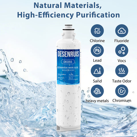 DESENRUIS BORPLFTR50 11032531 Water Filter (DE055) uses natural materials for high-efficiency purification: it removes chlorine, fluoride, lead, VOCs, sand, taste odor, heavy metals and chromium—working at 33-100°F/30-100psi (0.528gpm flow, 6-month/200-gallon life) to deliver clean, safe fridge water.