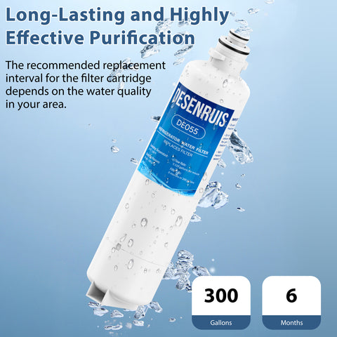 DESENRUIS BORPLFTR50 11032531 Water Filter (DE055) offers long-lasting, highly effective purification: it handles 300 gallons/6 months (adjust per local water quality), working at 33-100°F/30-100psi (0.528gpm flow) to consistently deliver clean, reliable water for your fridge.