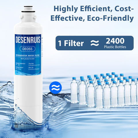 DESENRUIS BORPLFTR50 11032531 Water Filter (DE055) is highly efficient, cost-effective, and eco-friendly: 1 filter replaces 2400 plastic bottles, with a 6-month/200-gallon life—working at 33-100°F/30-100psi (0.528gpm flow) to cut waste while delivering clean, affordable water.