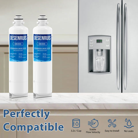 DESENRUIS BORPLFTR50 11032531 Water Filter (DE055) is perfectly compatible with your fridge: it fills a cup in 3.2s, has stable flow velocity, is easy to install, and leak-free—working at 33-100°F/30-100psi (0.528gpm flow, 6-month/200-gallon life) for hassle-free, clean water access.
