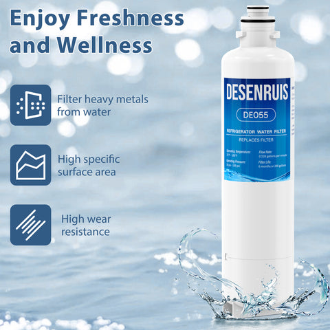 DESENRUIS BORPLFTR50 11032531 Water Filter (DE055) lets you enjoy freshness and wellness: it filters heavy metals, has a high specific surface area for efficient purification, and offers high wear resistance—working at 33-100°F/30-100psi (0.528gpm flow, 6-month/200-gallon life) to deliver reliable, clean fridge water.