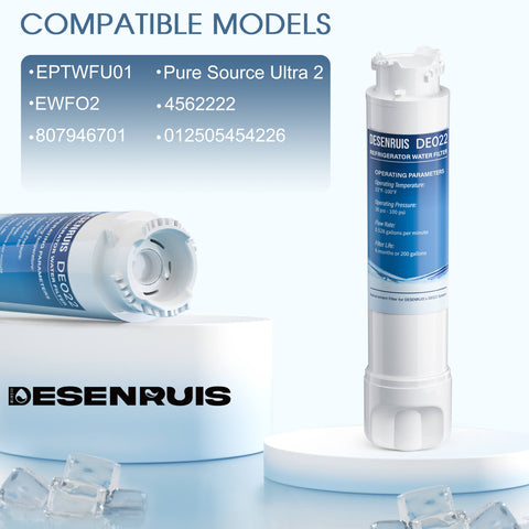 DESENRUIS EPTWFU01 Water Filter Replacement is compatible with models like Pure Source Ultra 2, EWFO2, 807946701, 4562222, and 012505454226—fitting seamlessly to provide reliable water filtration for your refrigerator.