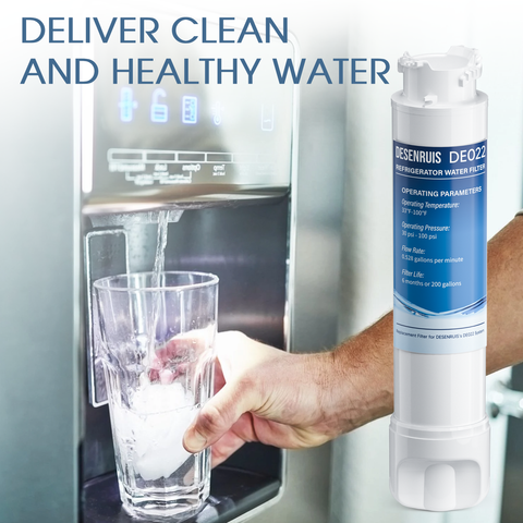 DESENRUIS EPTWFU01 Water Filter Replacement delivers clean and healthy water for your fridge: with operating parameters (33-100°F, 30-100 psi, 0.538gpm flow) and a 6-month/200-gallon filter life, it ensures you get safe, fresh-tasting water every time.