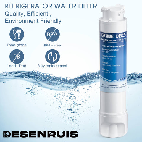 DESENRUIS EPTWFU01 Refrigerator Water Filter is quality, efficient and eco-friendly: it’s food-grade, BPA/lead-free, easy to replace, with operating parameters (33-100°F, 30-100 psi, 0.538gpm flow) and a 6-month/200-gallon filter life—delivering safe, convenient water purification for your fridge.