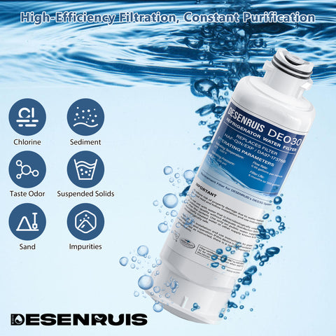 DESENRUIS HAF-QIN/EXP DA97-17376B Water Filter (DE030) offers high-efficiency, constant purification: it filters chlorine, sediment, taste/odor, suspended solids, sand and impurities, works at 33-100°F/30-100psi (0.66gpm flow, 6-month/300-gallon life)—delivering reliably clean fridge water.