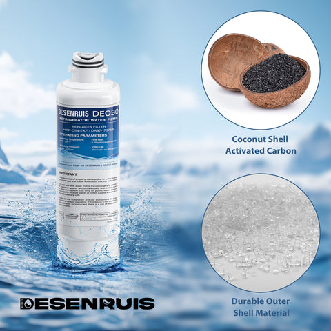 DESENRUIS HAF-QIN/EXP DA97-17376B Water Filter (DE030) combines coconut shell activated carbon with a durable outer shell: it works at 33-100°F/30-100psi (0.66gpm flow, 6-month/300-gallon life), filtering impurities to deliver clean, safe fridge water.