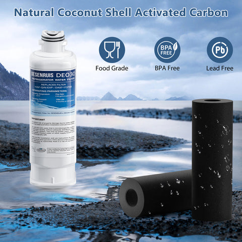 DESENRUIS HAF-QIN/EXP DA97-17376B Water Filter (DE030) uses natural coconut shell activated carbon: it’s food-grade, BPA-free, lead-free, works at 33-100°F/30-100psi (0.66gpm flow), with 6-month/300-gallon life—delivering safe, clean water for your fridge.
