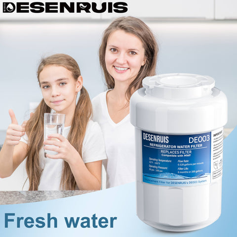 DESENRUIS MWF Water Filter Replacement (compatible with MWF/DE003 system) delivers fresh water: it operates at 33-100°F/30-120 psi, has 0.528gpm flow rate & 6-month/200-gallon life, providing clean, pleasant drinking water for you and your family.