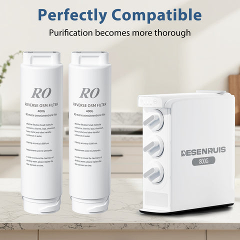 DESENRUIS RO Membrane Filter (400G) is perfectly compatible with the 800G system: it delivers 0.0001μm filtration to remove small molecules, chlorine, lead and harmful substances, lasts 12-24 months, and pairs with dual filters for more thorough purification.