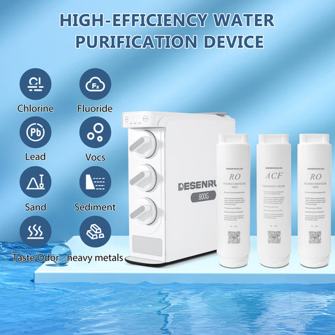 DESENRUIS Reverse Osmosis Water Filter System Replacement Filter Assembly (for 800G devices) is a high-efficiency purification solution: pairing dual 400G RO and ACF filters, it removes chlorine, fluoride, lead, VOCs, sand, sediment, odor and heavy metals, delivering reliably pure water for daily use.