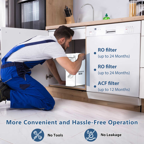 DESENRUIS Reverse Osmosis Water Filter System Replacement Filter Assembly offers convenient, hassle-free operation: it installs without tools (no leaks guaranteed), with RO filters lasting up to 24 months and ACF filters up to 12 months for low-maintenance, reliable purification.