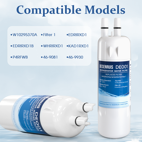 DESENRUIS W10295370A Refrigerator Water Filter (replaces W10295370/Filter 1) is compatible with models like EDRIRXD1, EDRIRXD1B, WHRIRXD1, KAD1RXD1, P4RFWB, 46-9081, 46-9930—fitting seamlessly to deliver reliable, 6-month/200-gallon filtered water for your fridge.