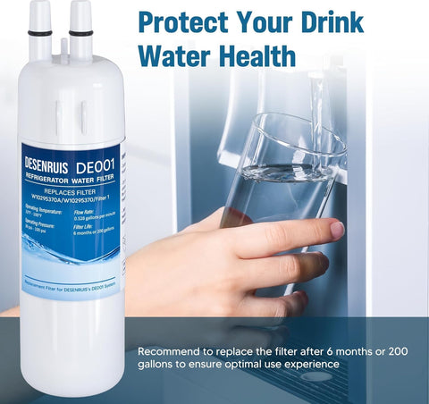 DESENRUIS W10295370A Refrigerator Water Filter (replaces W10295370/Filter 1) protects your drink water health: with operating parameters (33-100°F, 30-100 psi, 0.528gpm flow) and 6-month/200-gallon filter life (recommended replacement for optimal use), it delivers safe, clean water for daily consumption.