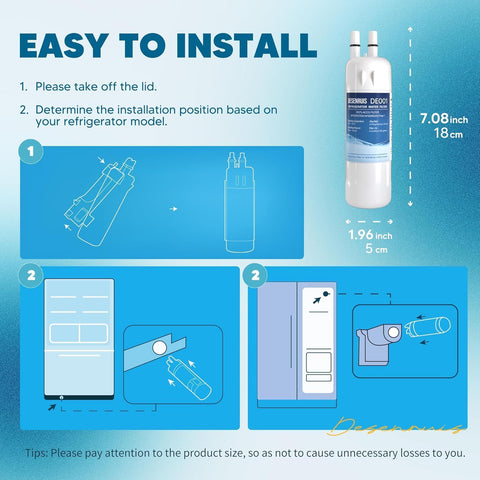 DESENRUIS W10295370A Refrigerator Water Filter is easy to install: just take off the lid, determine the position by your fridge model, then fit it in—plus it has dimensions (7.08in/18cm × 1.96in/5cm); note the size to avoid issues for a smooth setup.
