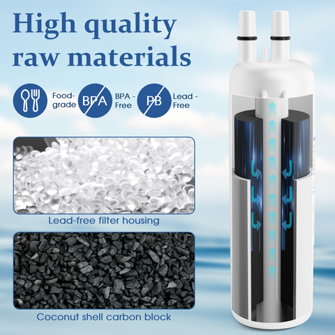 DESENRUIS W10295370A Refrigerator Water Filter uses high-quality raw materials: it’s food-grade, BPA/lead-free, with lead-free filter housing and coconut shell carbon block, ensuring safe, effective water purification for your fridge.