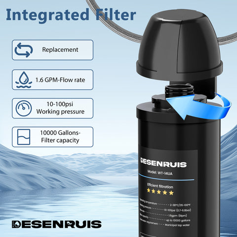 DESENRUIS WT-14UA Under Sink Water Filter is an integrated filter with easy replacement: it boasts a 1.6 GPM flow rate, 10-100psi working pressure, and 10000-gallon filter capacity, fitting municipal tap water (temp -2–38°C) for long-lasting, efficient under-sink water purification.