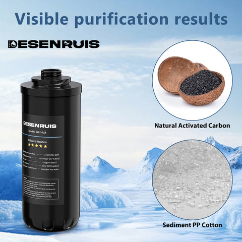 DESENRUIS WT-14UA Under Sink Water Filter delivers visible purification results: it uses natural activated carbon and sediment PP cotton to filter impurities, working for municipal tap water (temp -10–38°C, pressure 10–100psi, up to 1000-gallon capacity) for reliably clean water.