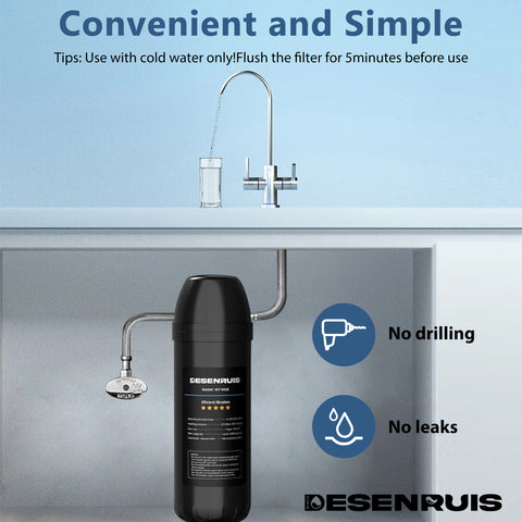 DESENRUIS WT-14UA Under Sink Water Filter is convenient and simple to use: it requires no drilling, has no leaks, works only with cold water, and just needs a 5-minute flush before first use—easy to set up and maintain for clean under-sink water.